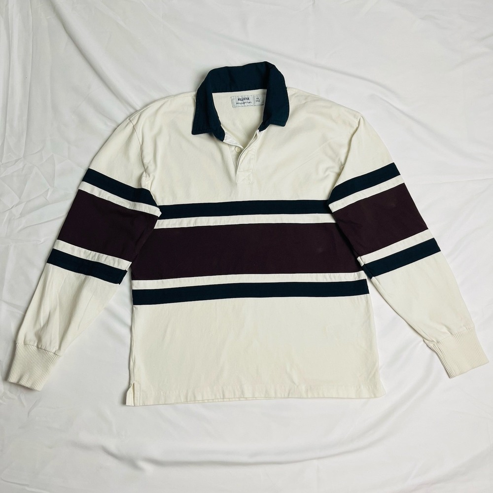 Hollister Men's Boxy Heavyweight Rugby Polo Long Sleeve Cream Burgundy Navy XS